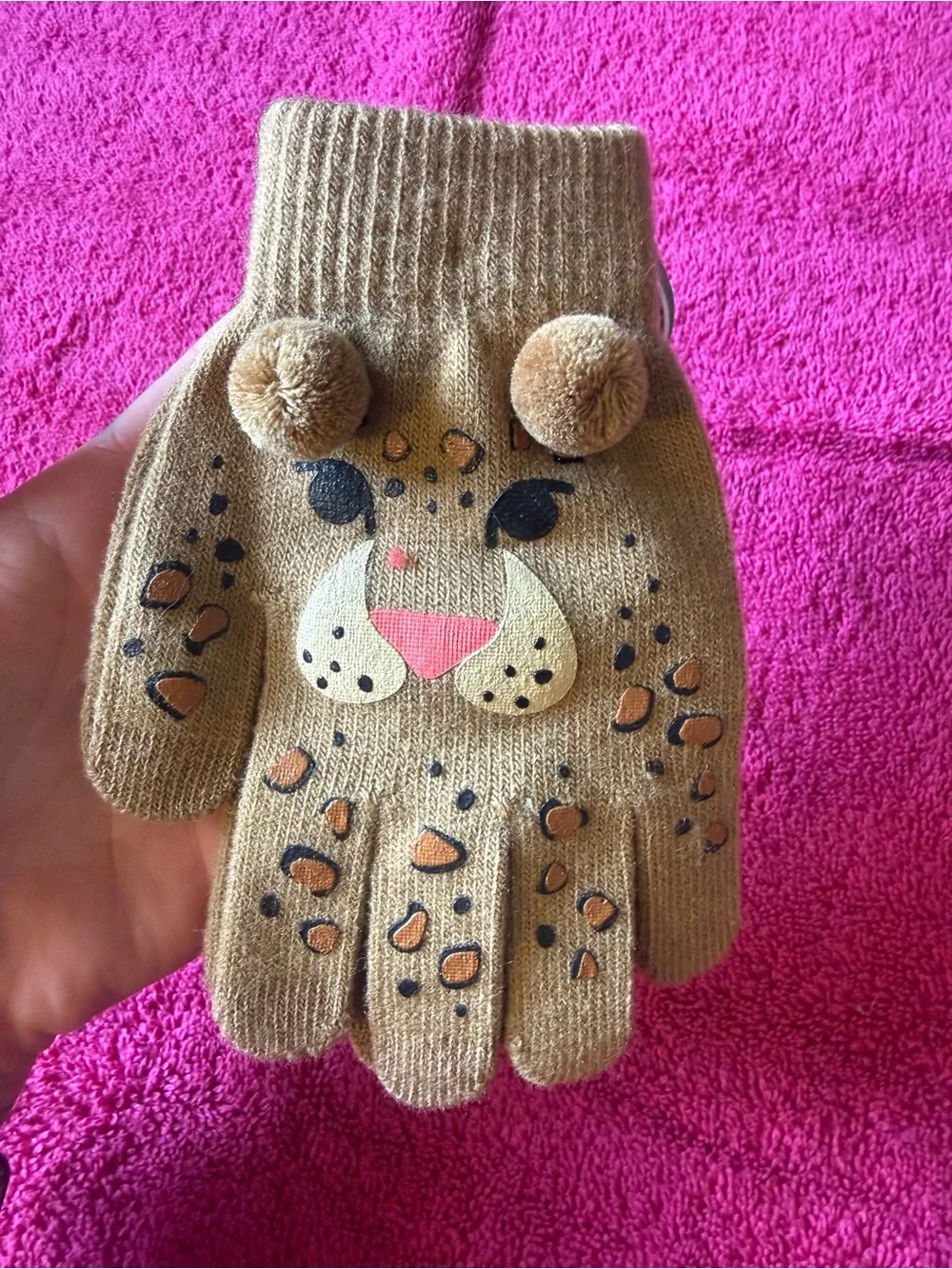 Scala Kids Tan Leopard Face Pom-Pom Mittens